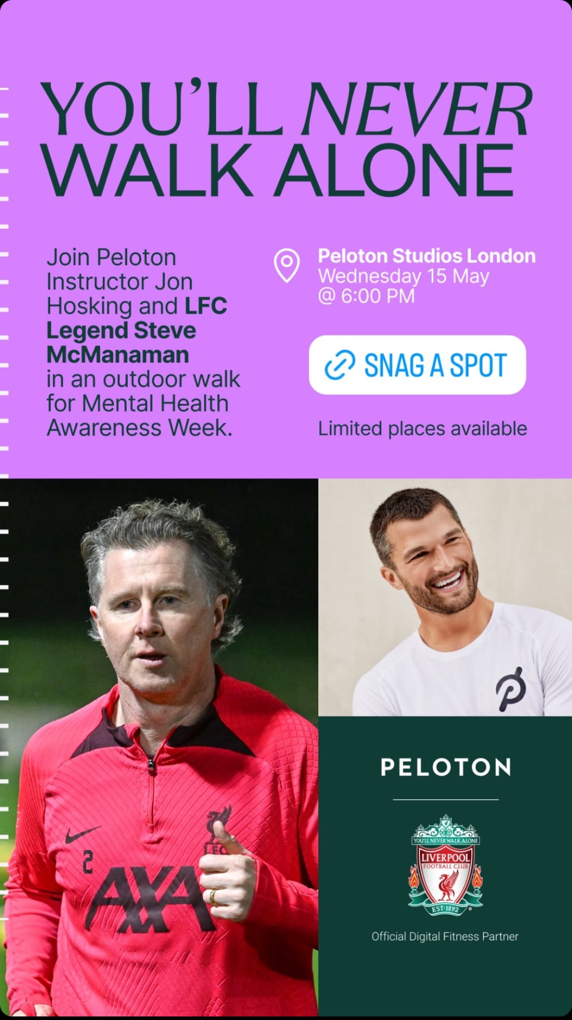 @PelotonStudios announces outdoor walk in London for Mental Health Awareness Week. Image credit Peloton social media.