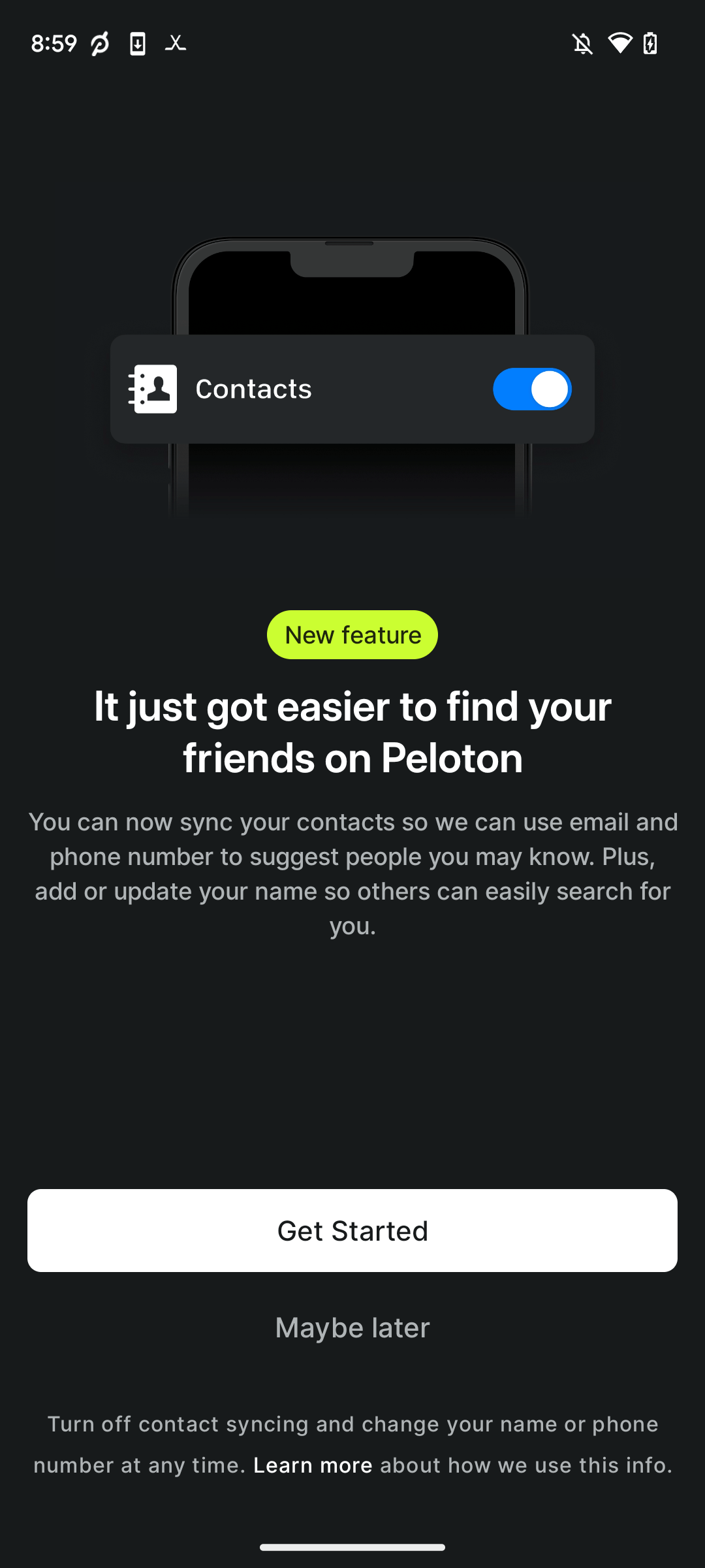 Peloton app alert notifying members of the updated search features.
