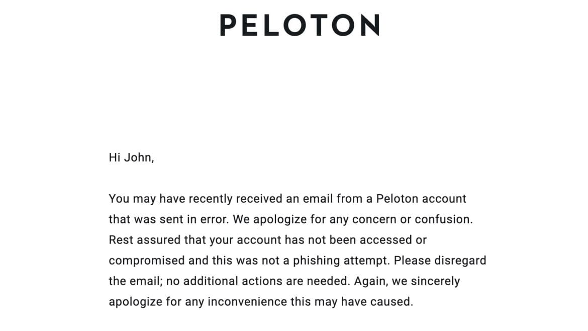 Correction email sent by Peloton.