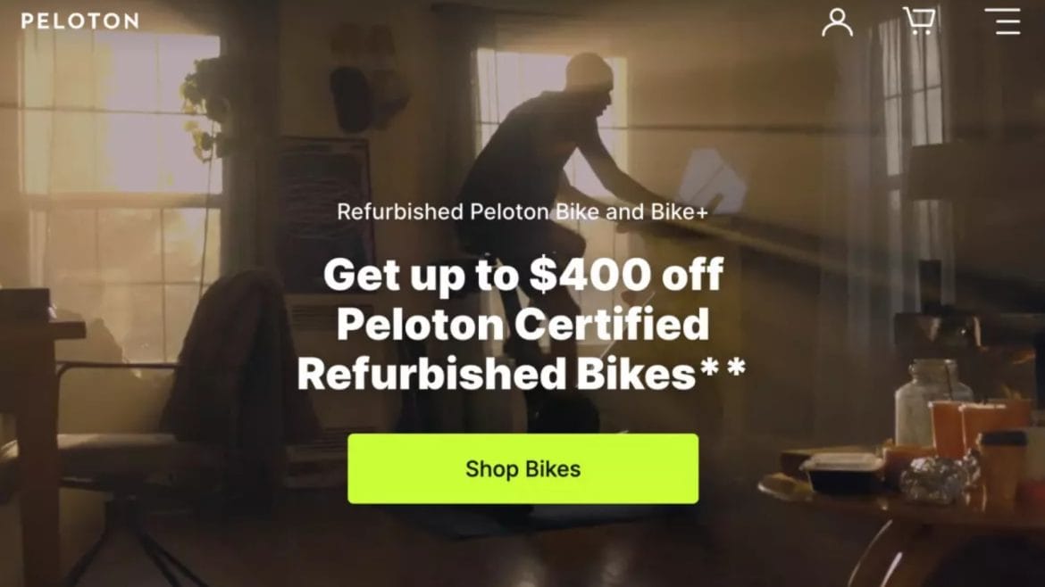 Peloton website homepage advertising refurbished Bike/Bike+ offer through June 4, 2024.