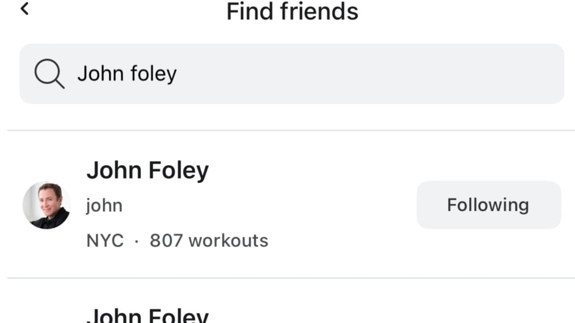 Searching for Peloton founder John Foley in the Peloton app (who has previously publicly shared his leaderboard name).