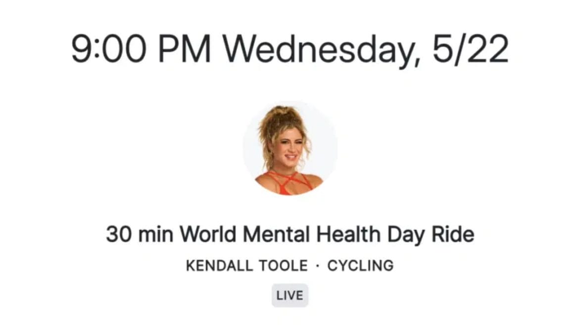 Kendall's 2024 Mental Health Day Ride on the upcoming Peloton schedule.