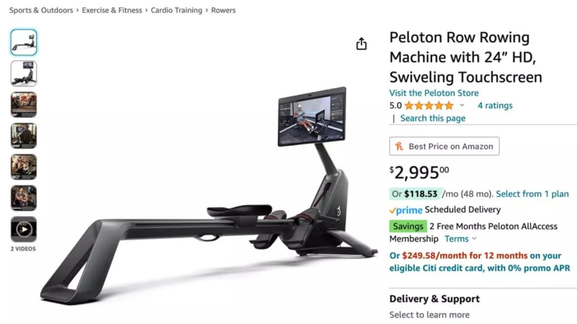Peloton Tread product page on Amazon promoting free membership.