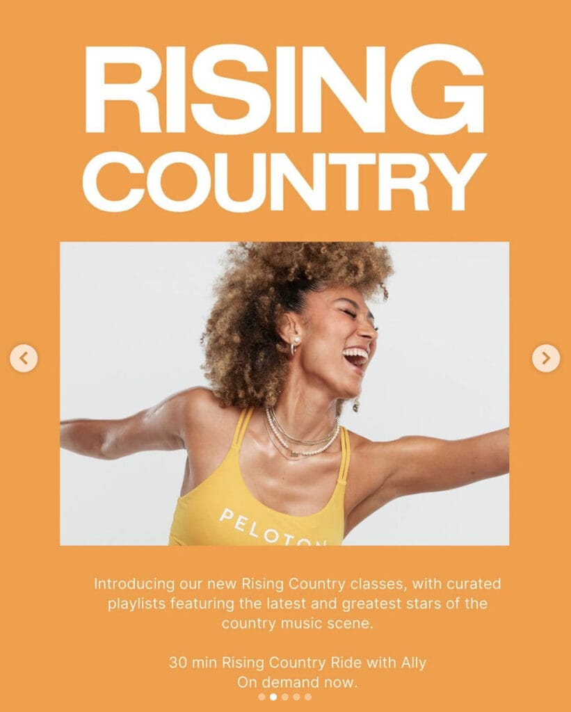 Peloton’s “This Week at Peloton” Instagram post highlighting new Country Rising Ride with Ally Love. Image credit Peloton social media.