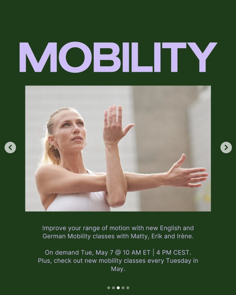 Peloton’s “This Week at Peloton” Instagram post highlighting new mobility content. Image credit Peloton social media.