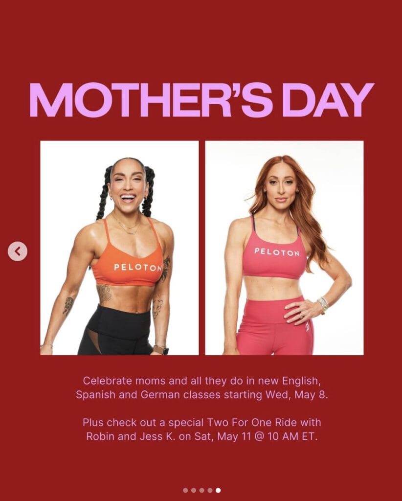 Peloton’s “This Week at Peloton” Instagram post highlighting new Mother's Day classes. Image credit Peloton social media.