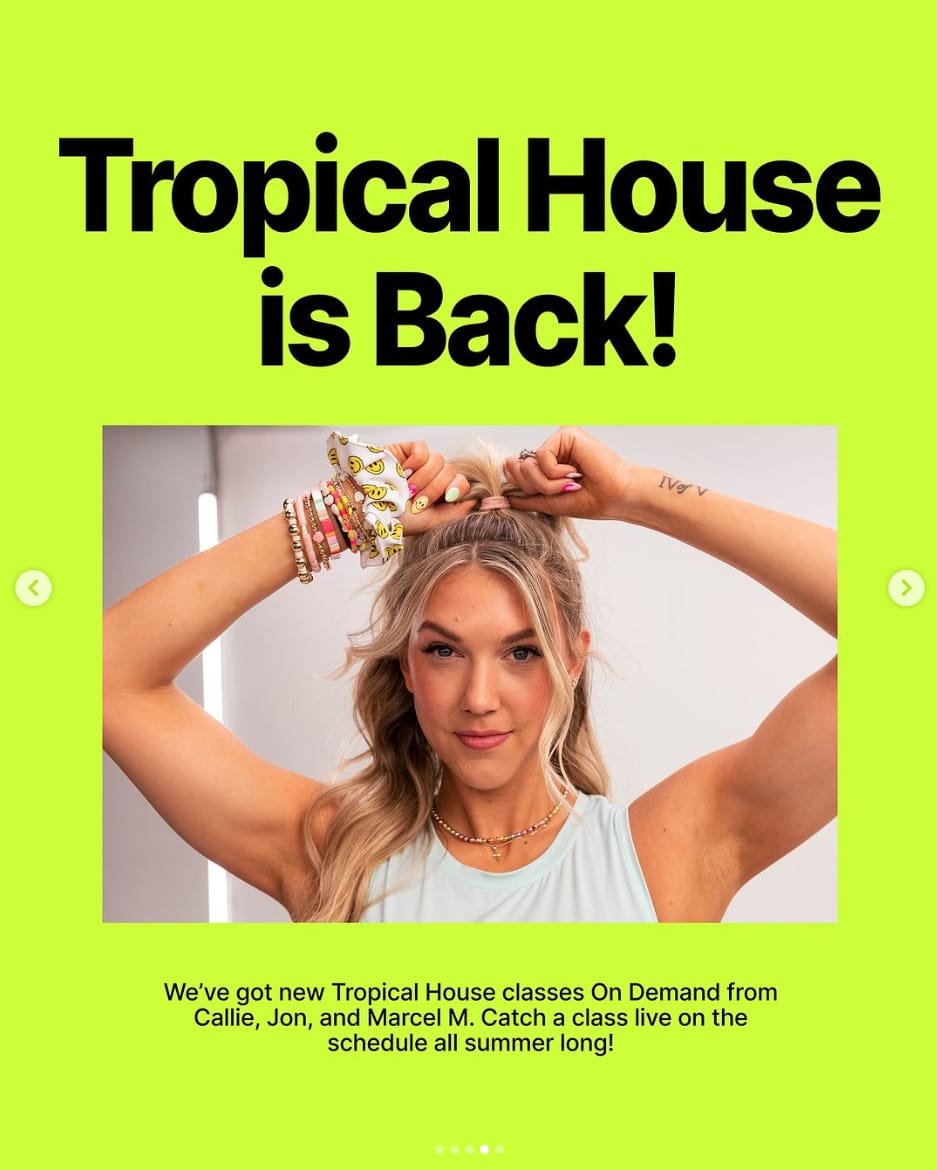 Peloton's featured classes June 10-16 will include new Tropical House classes. Image credit Peloton social media.