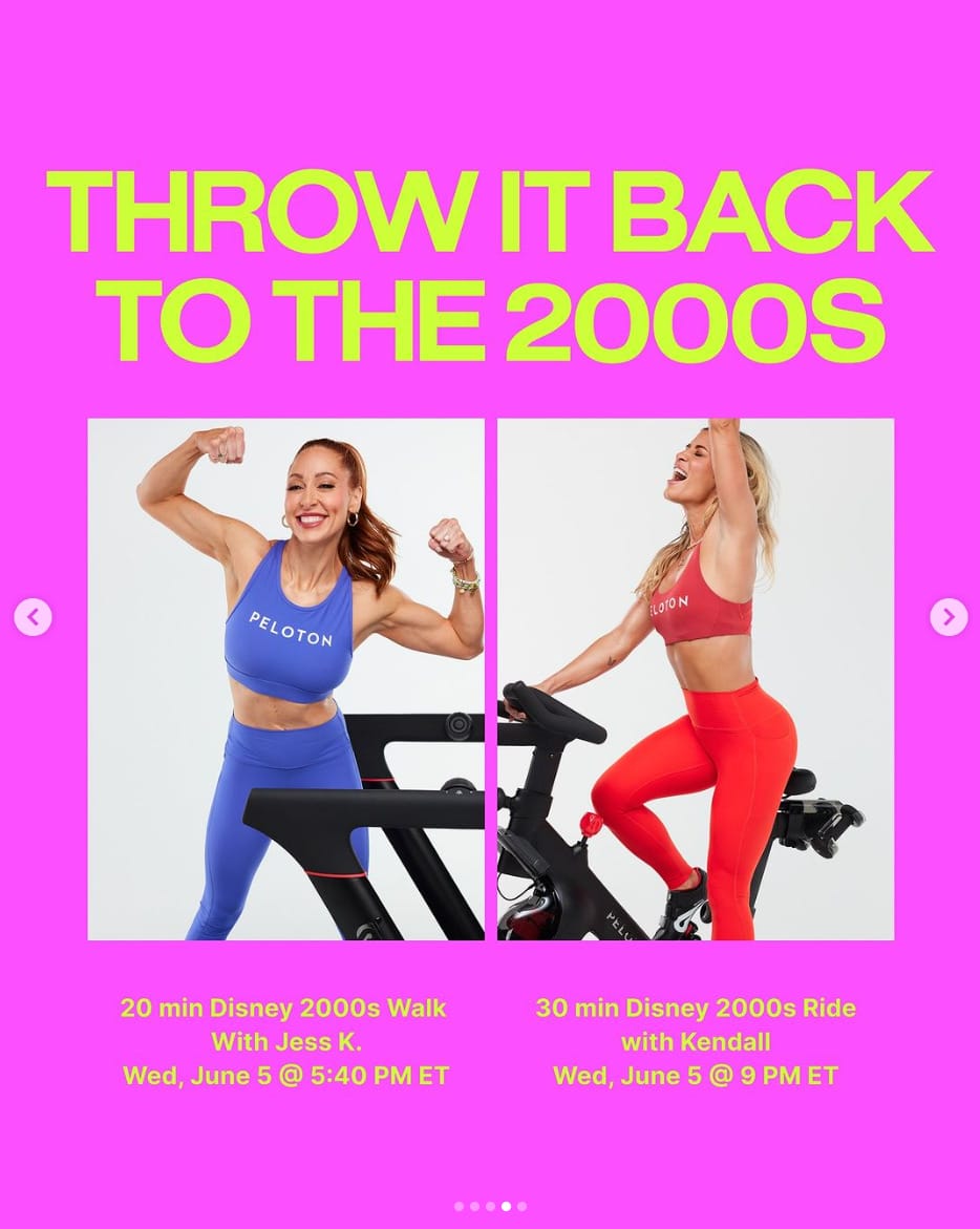 Peloton’s “This Week at Peloton” Instagram post highlighting upcoming Disney 2000s classes with Jess King and Kendall Toole. Image credit Peloton social media.