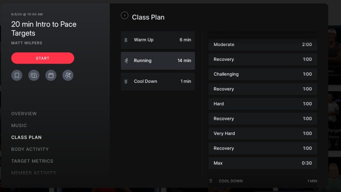 Class plan now shows the pace targets called out during class.