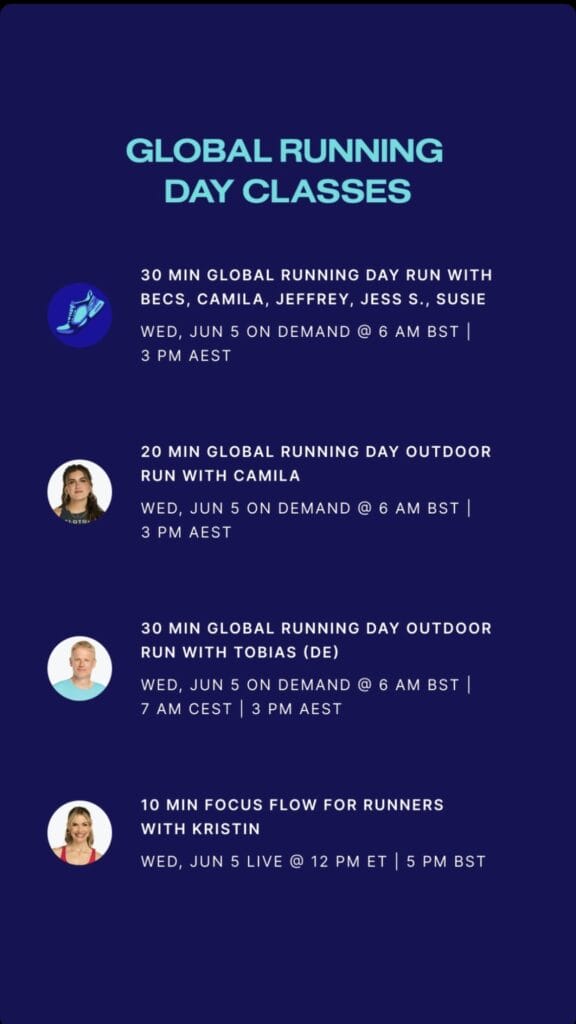 Peloton Global Running Day class list. Image credit Peloton social media.