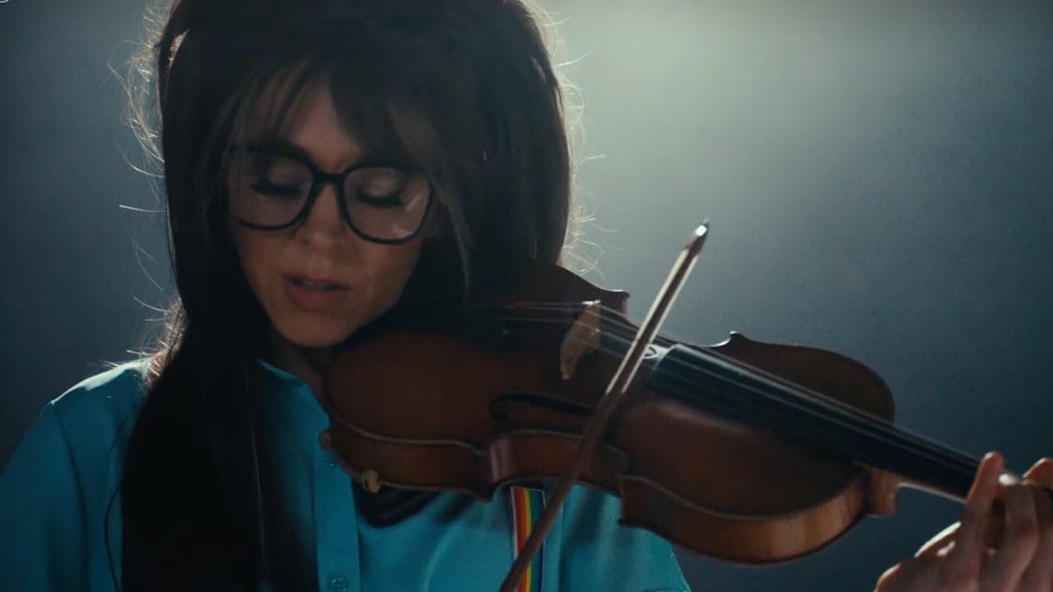 Full screen of a Lindsey Stirling music video during class.