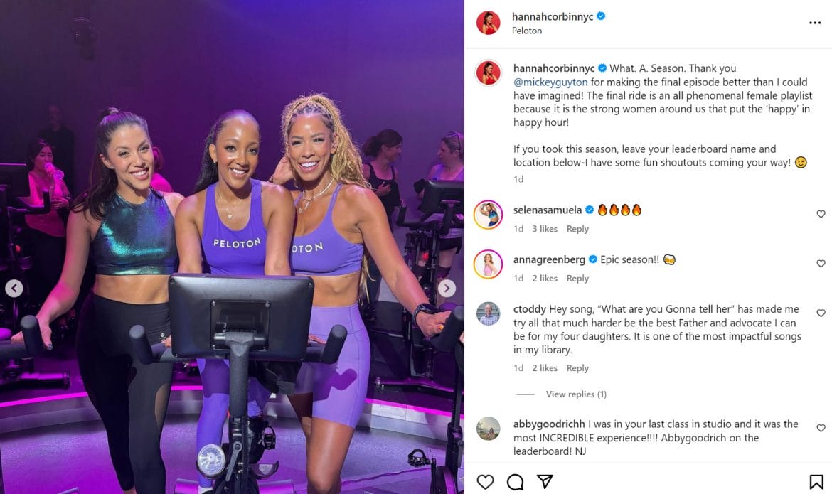 Hannah Corbin's Instagram post about a previous Country Happy Hour ride featuring country artist Mickey Guyton and instructor Kirsten Ferguson