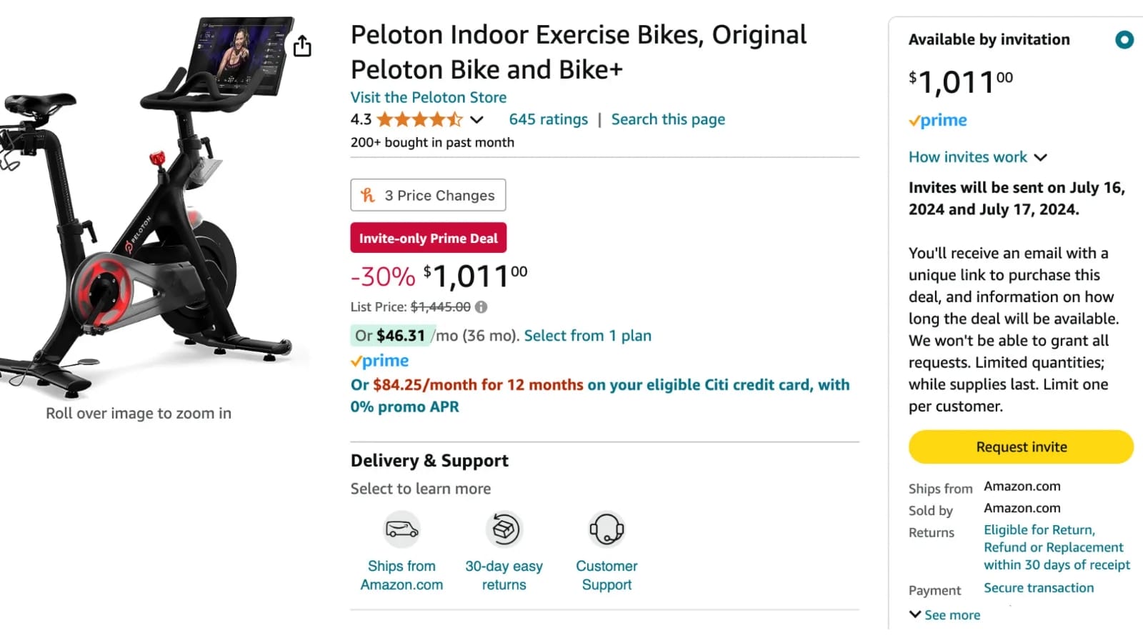 Amazon prime peloton bike sale