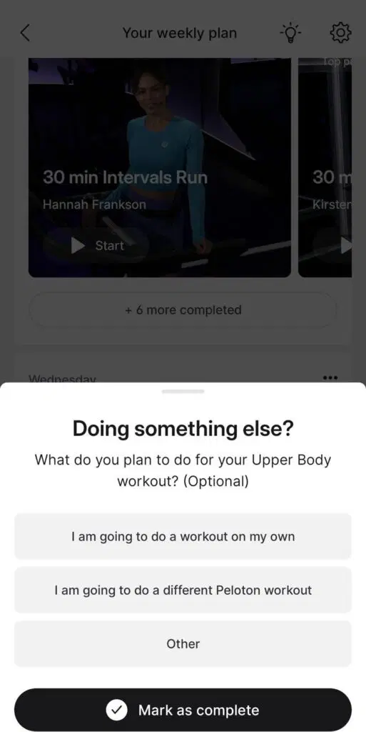 Manually marking a workout as completed. Image credit #RedStrong82.