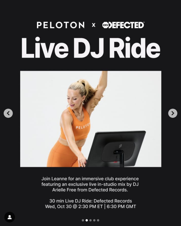 New Live DJ Ride with Leanne and Defected Records this week. Image credit Peloton Studios.