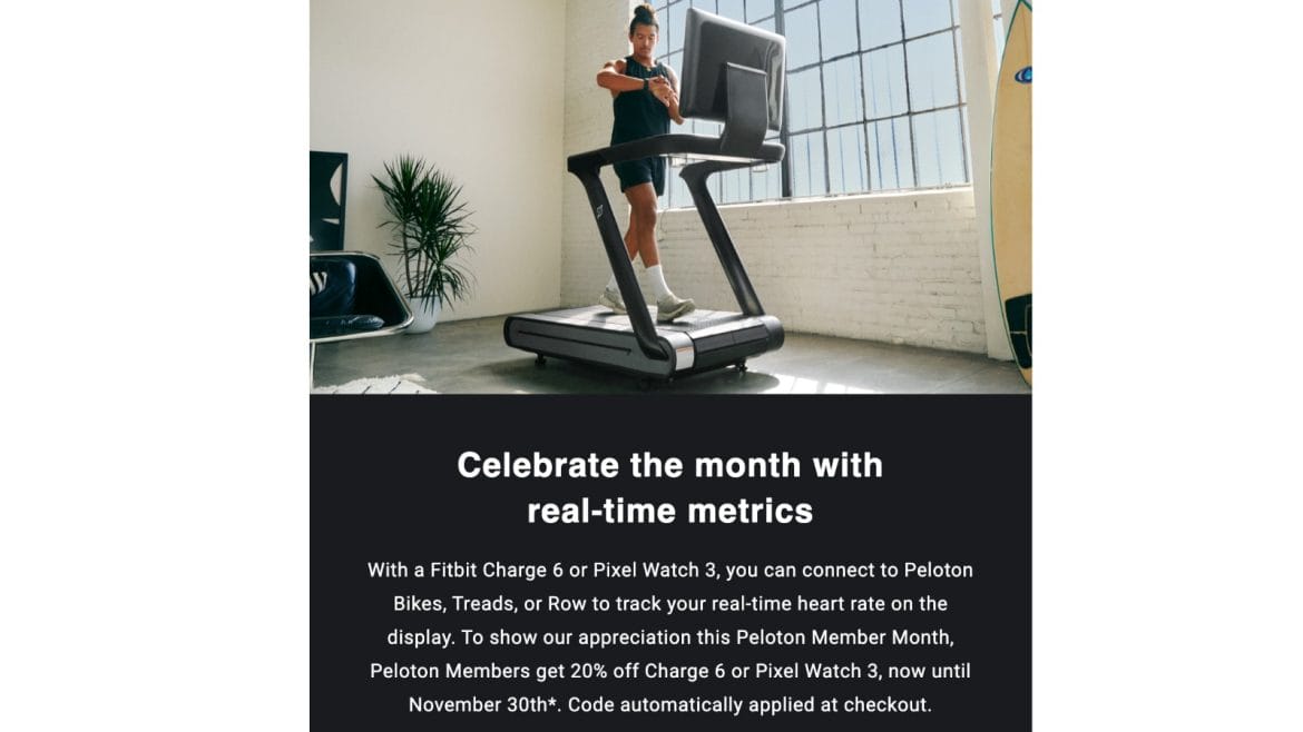 Электронное письмо Peloton Member Month, содержащее информацию о скидках Google.