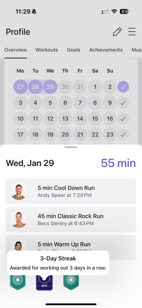 View of workouts from a specific day in the Peloton digital app.