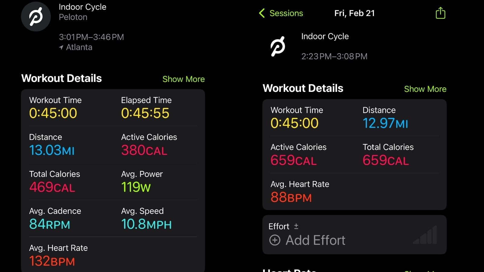 GymKit workout (left) vs updated Peloton workout (right) overview page in Apple Fitness.