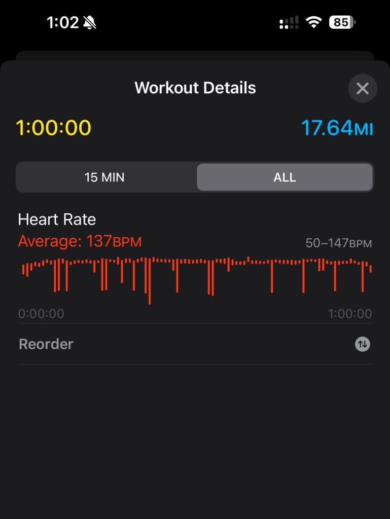 Apple Health data for a Peloton cycling workout before the update.