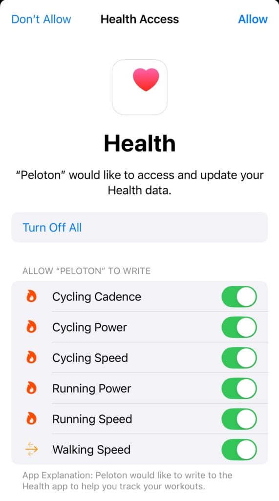 Enabling the new Peloton metrics in Apple Health app.