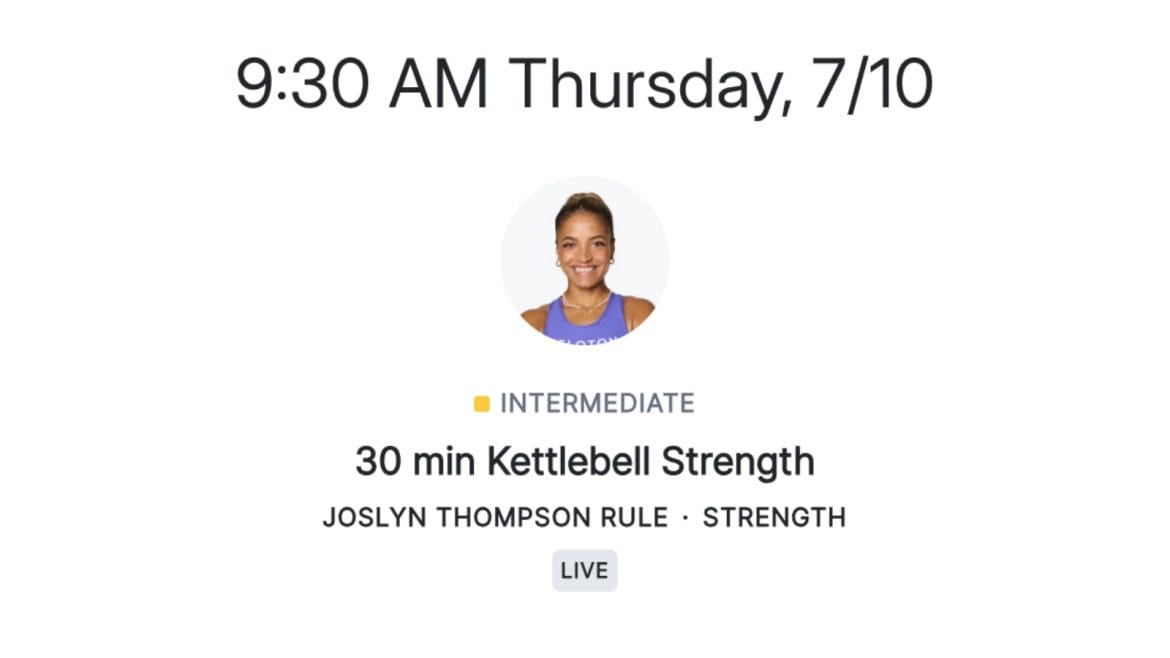 Classe en direct de Kettlebells avec Joslyn Thompson Règle sur le calendrier à venir.