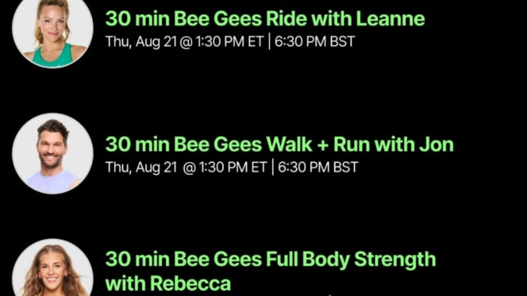 Peloton Bee Gees class list. Image credit Peloton social media.