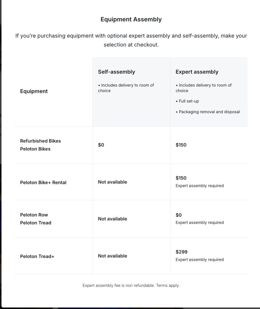 Expert Assembly Fees being added to Peloton devices.